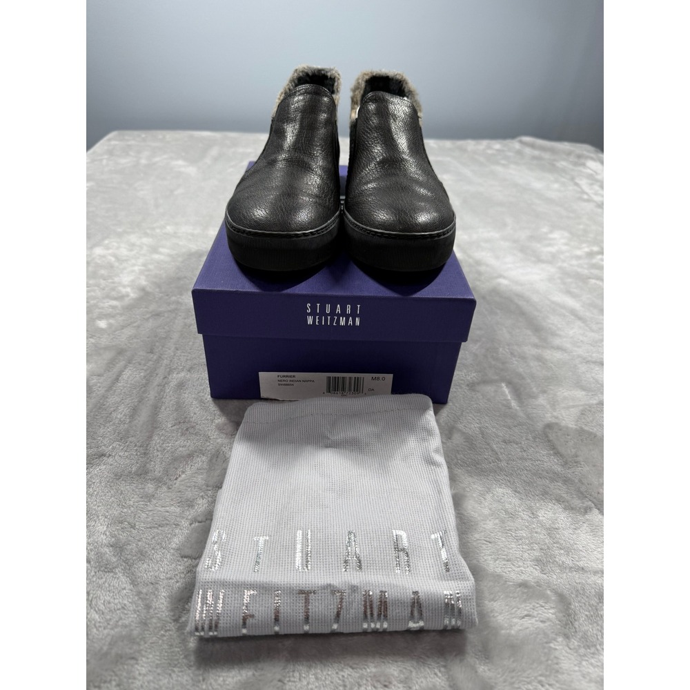 Stuart Weitzman 8M Furrier Black Leather Faux Fur Slip On Sneakers Gorpcore Luxe